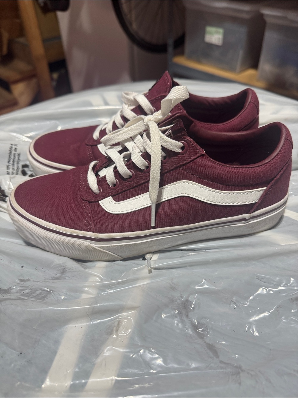 Vans Maroon Canvas Old Skool Sneakers with White Stripe